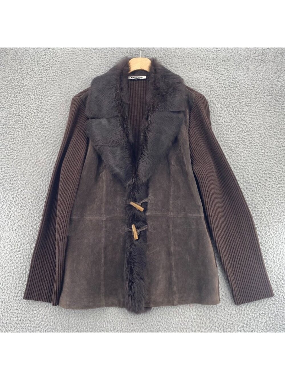 Nygard Jacket Womens Large Brown Leather Rabbit Fur Lapel Trim Cotton Blend Knit